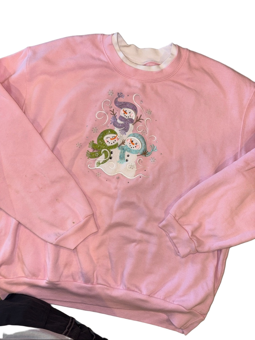 Vintage 90s Light Pink Snowman Embroidered Crewneck Sweatshirt | Double Collar